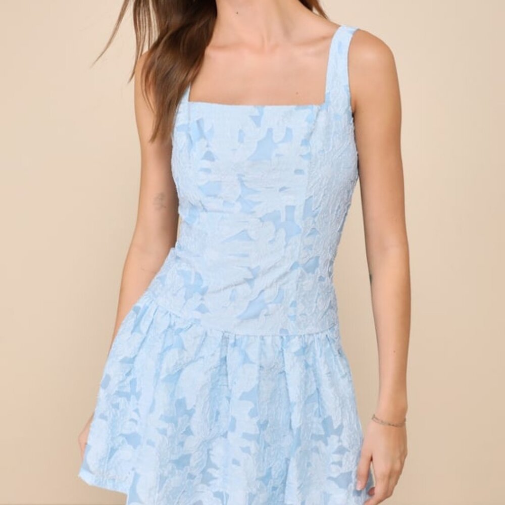 Lulus Exuberant Elegance Light Blue Jacquard Drop Waist Mini Dress - Size S